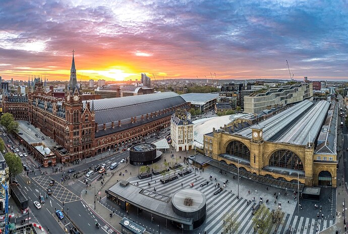 LQ_ London's Kings Cross and St. Pancras Stations from the air, at sunset lower quality